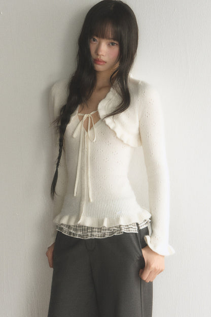 Ruffled Hollow-Out Knit Cardigan and Pants Set-Up