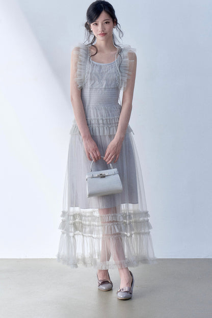 Pleated Lace Flutter Sleeve Dress
