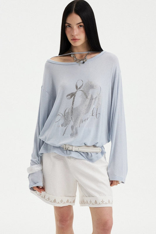 Distressed Rhinestone Off-Shoulder Top