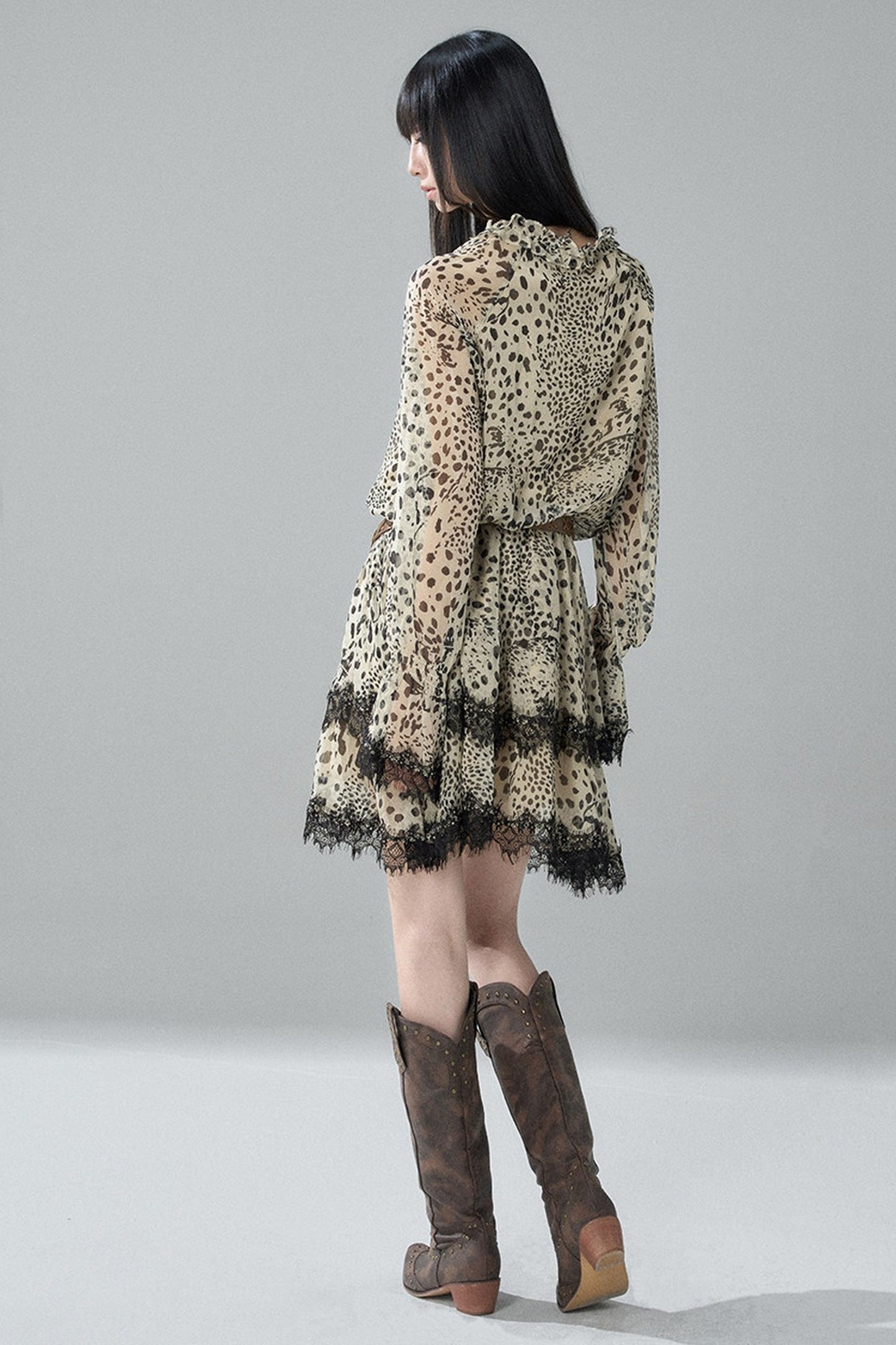 Long-Sleeve Chiffon Leopard Print Dress