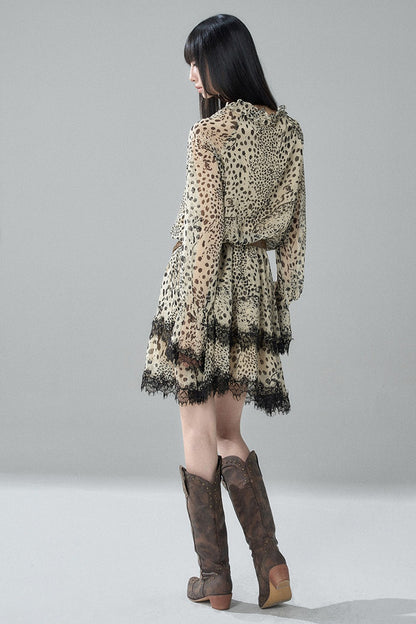Long-Sleeve Chiffon Leopard Print Dress