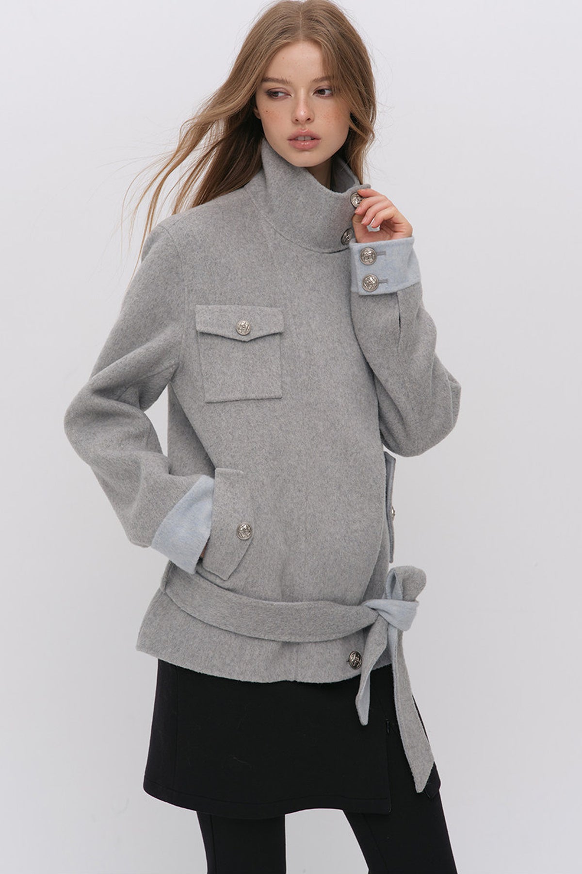 Belted Stand Collar Wool Coat