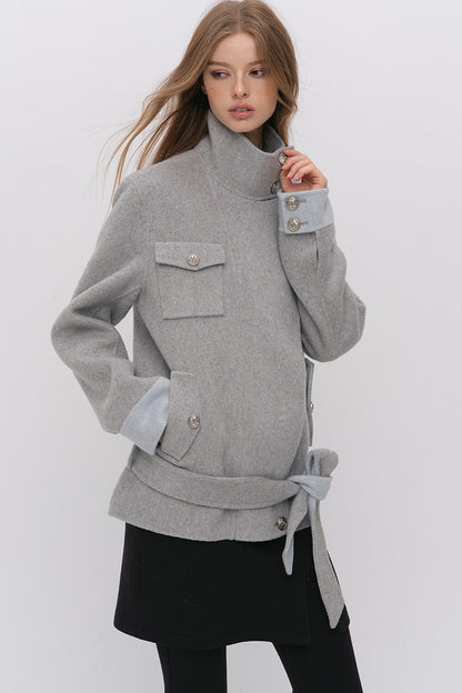 Belted Stand Collar Wool Coat