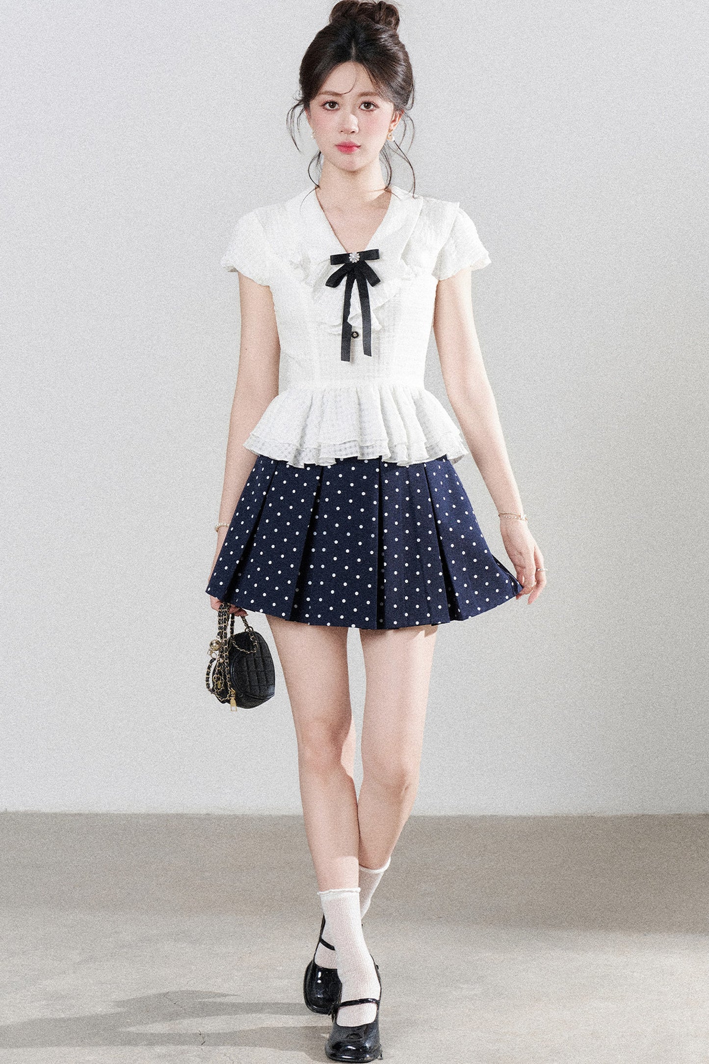 High-Waisted Polka Dot Skirt with Ruffle Shirt Set