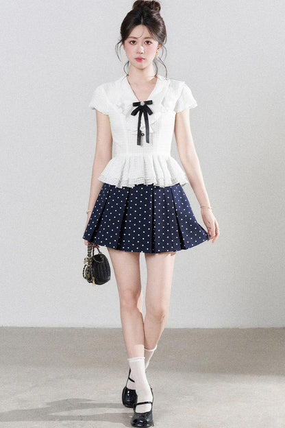 High-Waisted Polka Dot Skirt with Ruffle Shirt Set
