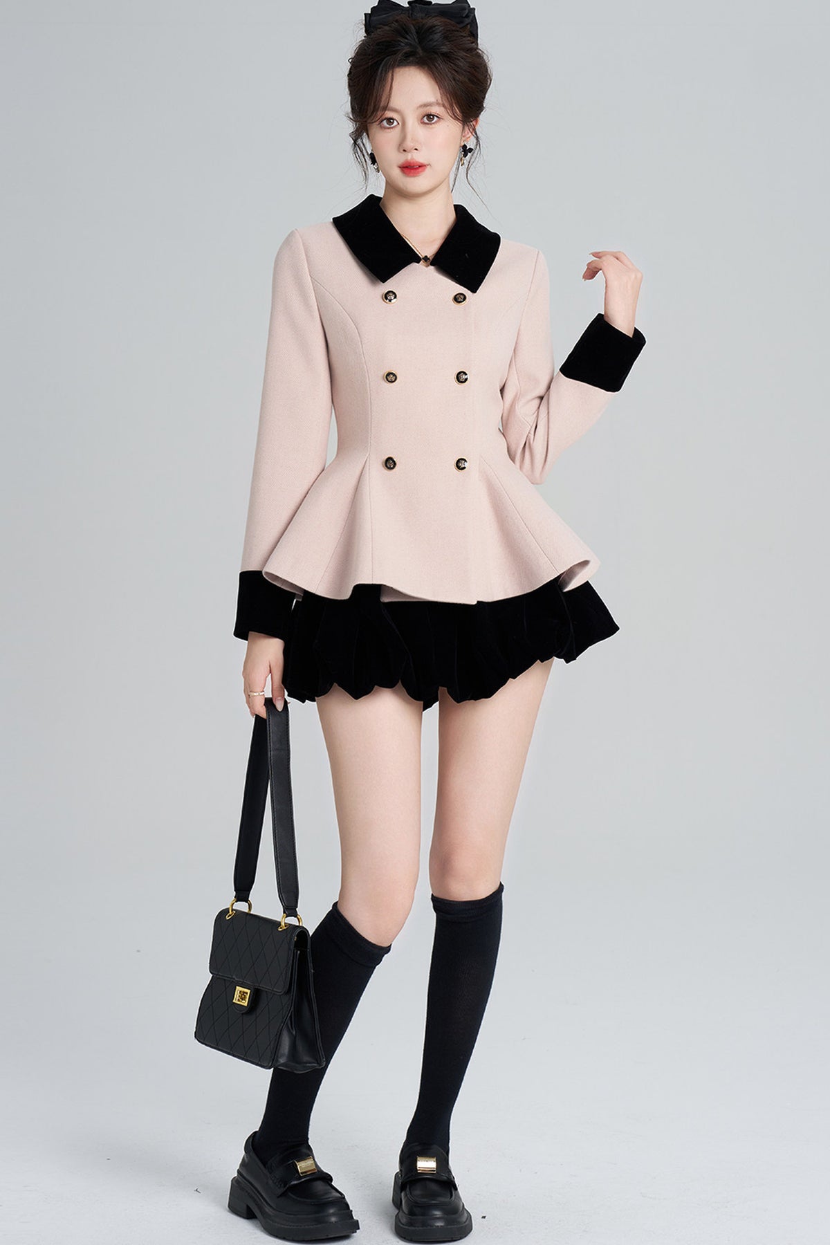 Pink Woolen Coat and Black Skirt Set-Up