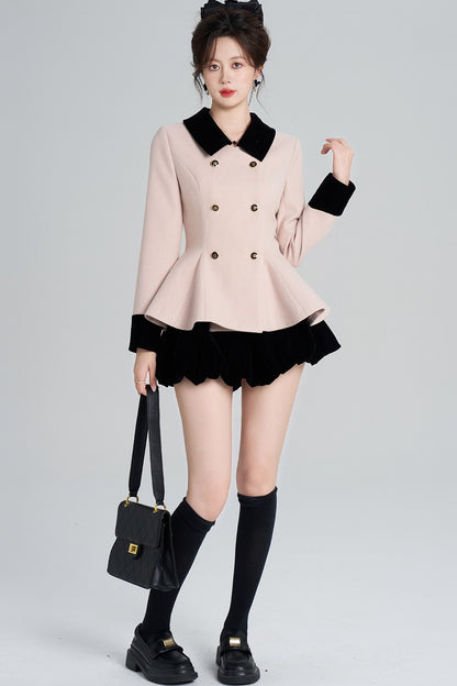 Pink Woolen Coat and Black Skirt Set-Up
