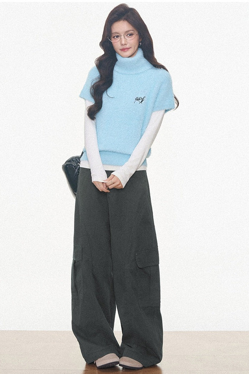 Faux Mink Turtleneck Sweater With Plaid Midi Skirt and Pants Set-Up