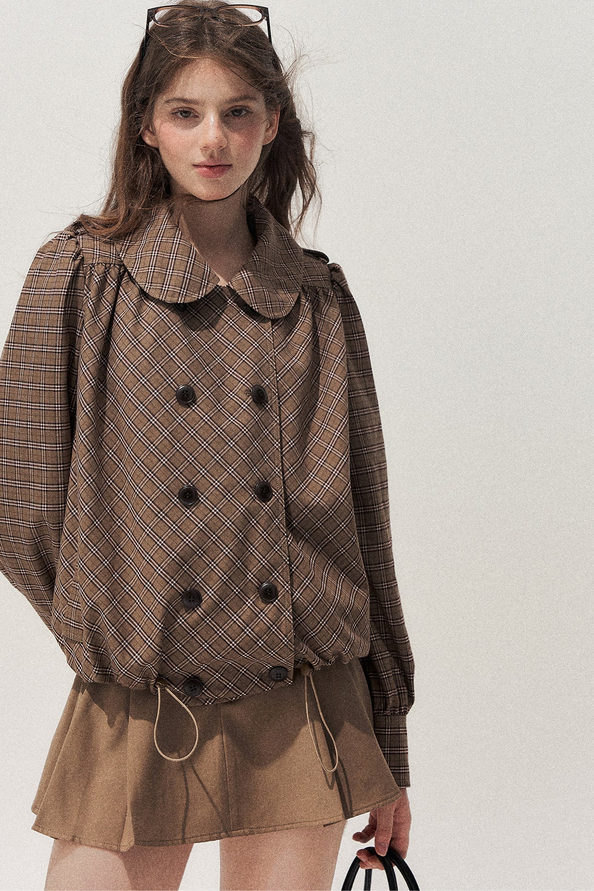 Brown Doll Collar Trench Coat and Skirt Set-Up