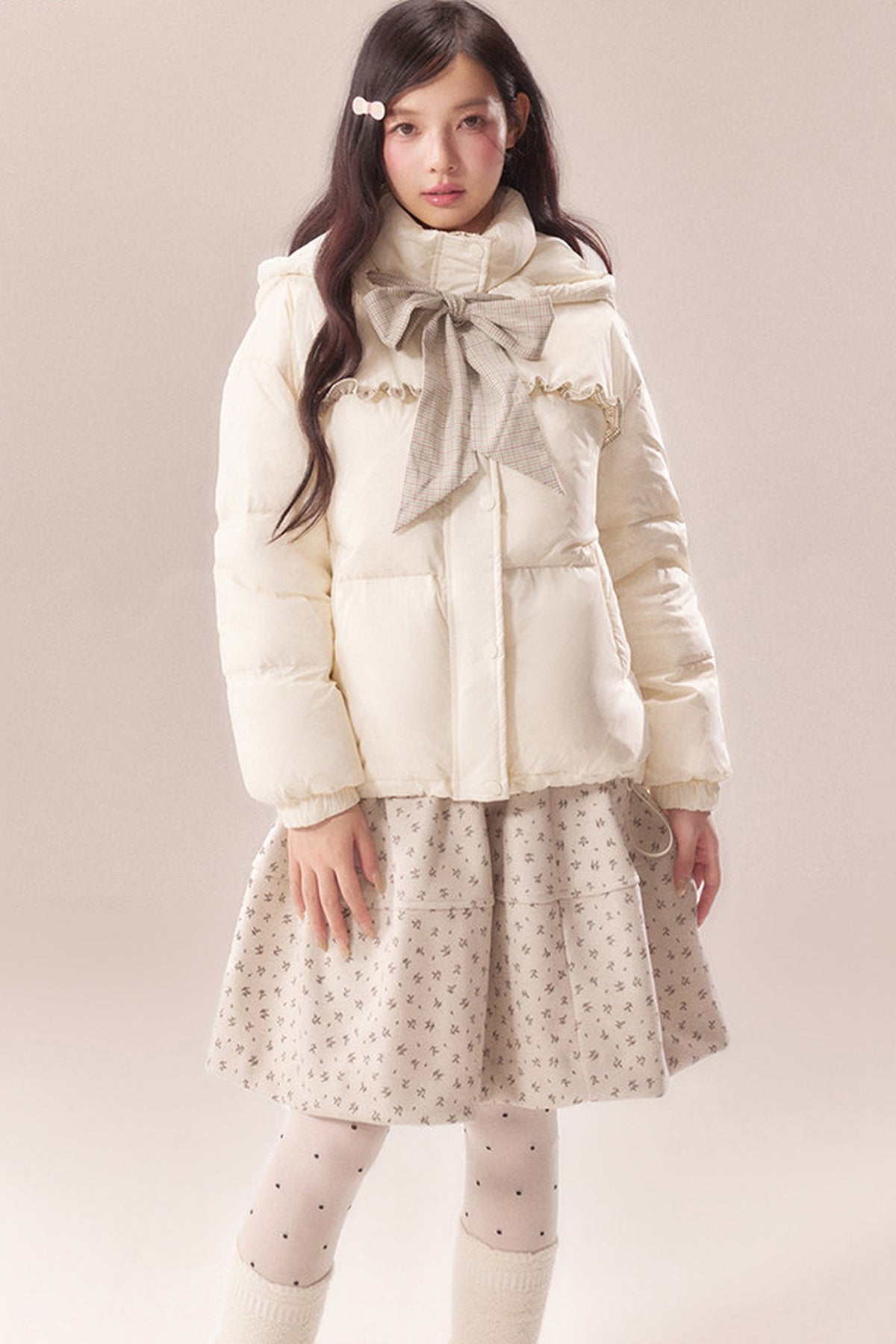 Plaid Bow Lace Short Down Jacket