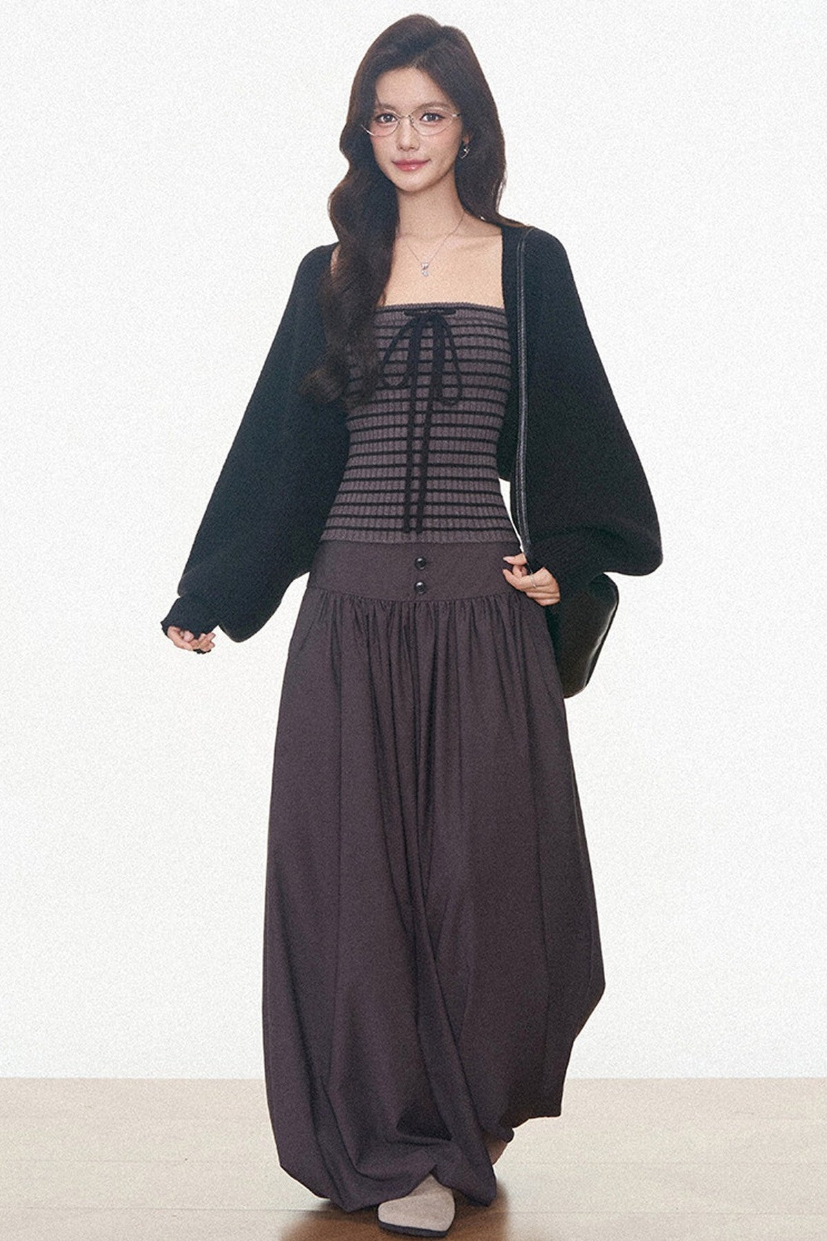 Knitted Cardigan and Tube Top and Lantern Pants Set-Up