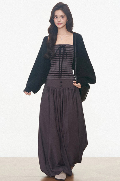 Knitted Cardigan and Tube Top and Lantern Pants Set-Up