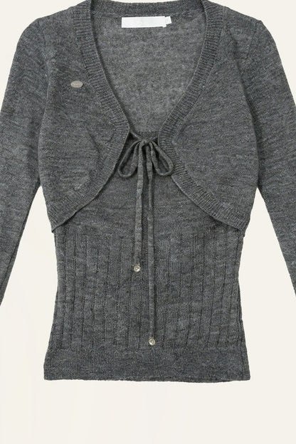 Long-Sleeve V-Neck Lace-Up Knit Sweater