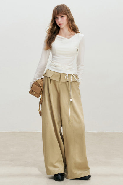 Lyocell Overlapping Pleated Long-Sleeve T-Shirt
