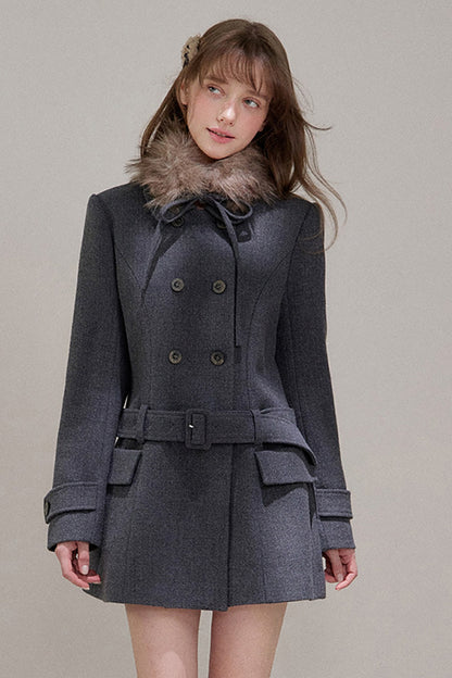 Double-Breasted Fur Collar Wool Coat