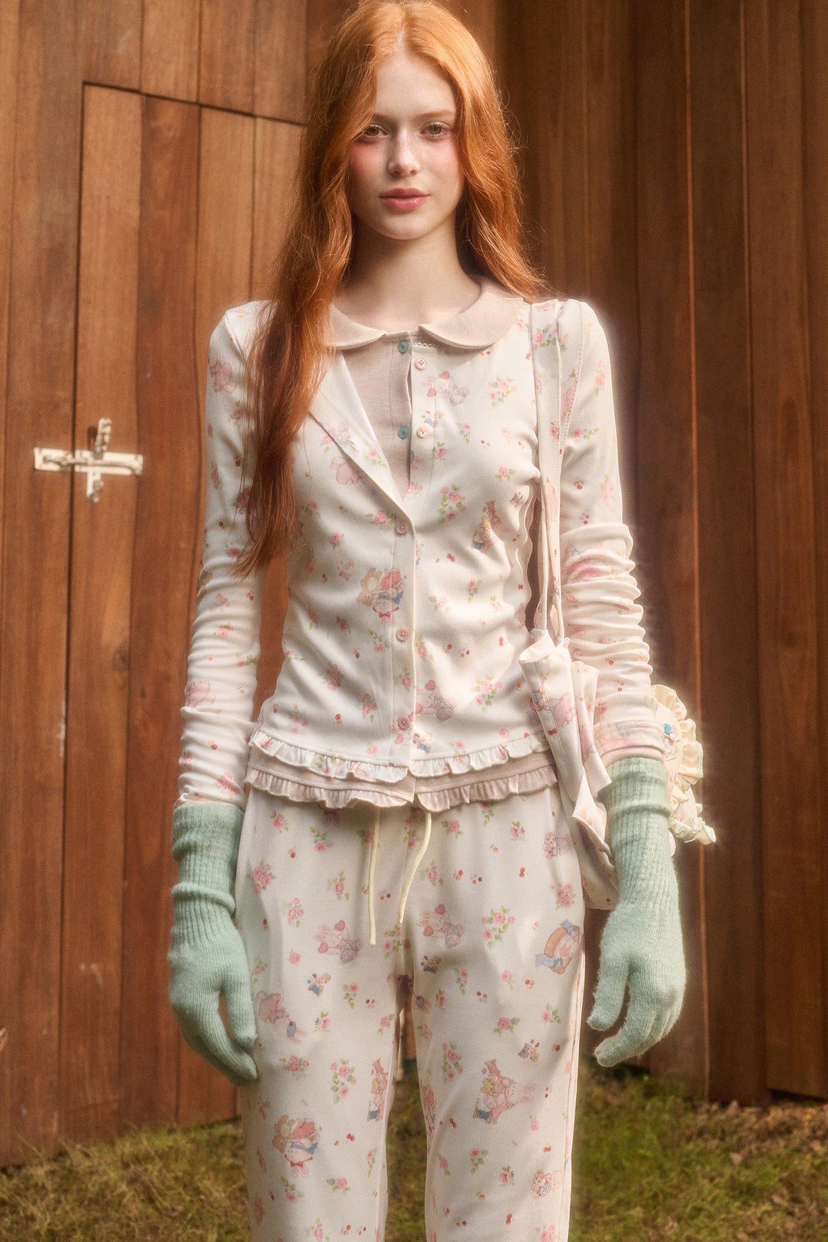 Layered-Look Floral Bunny Cardigan and Pants Set-Up