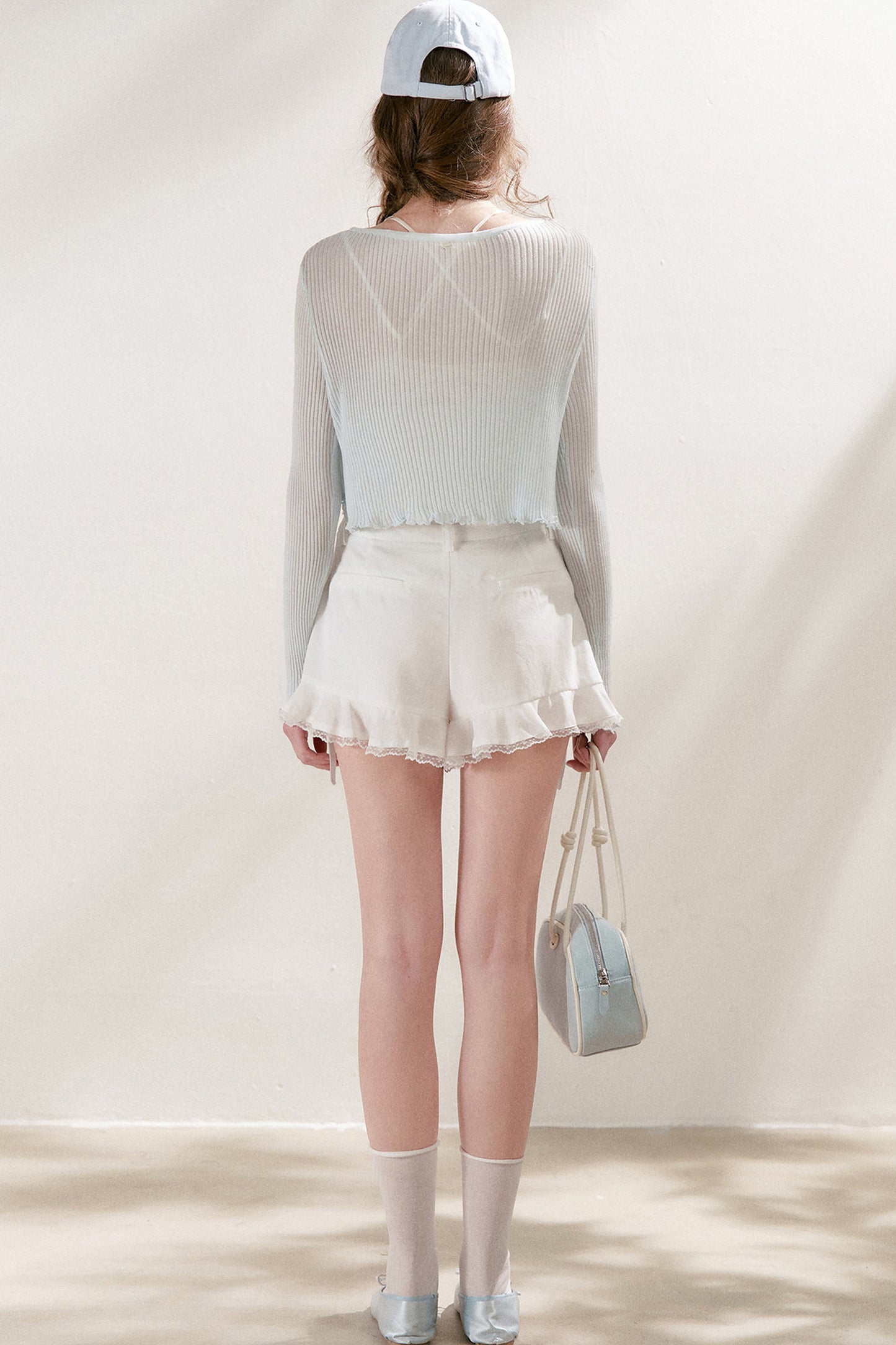 Tencel Linen Lace Spliced Ruffle Drawstring High-Waisted A-Line Shorts