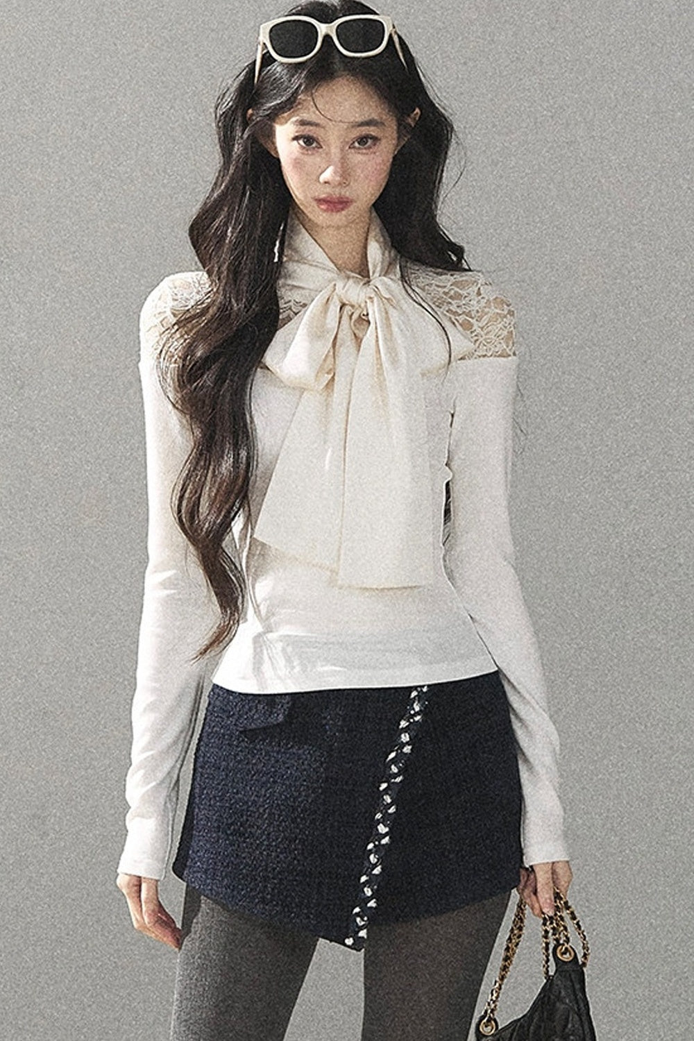 Bow Lace Hollow-Out Long-Sleeve T-Shirt Top