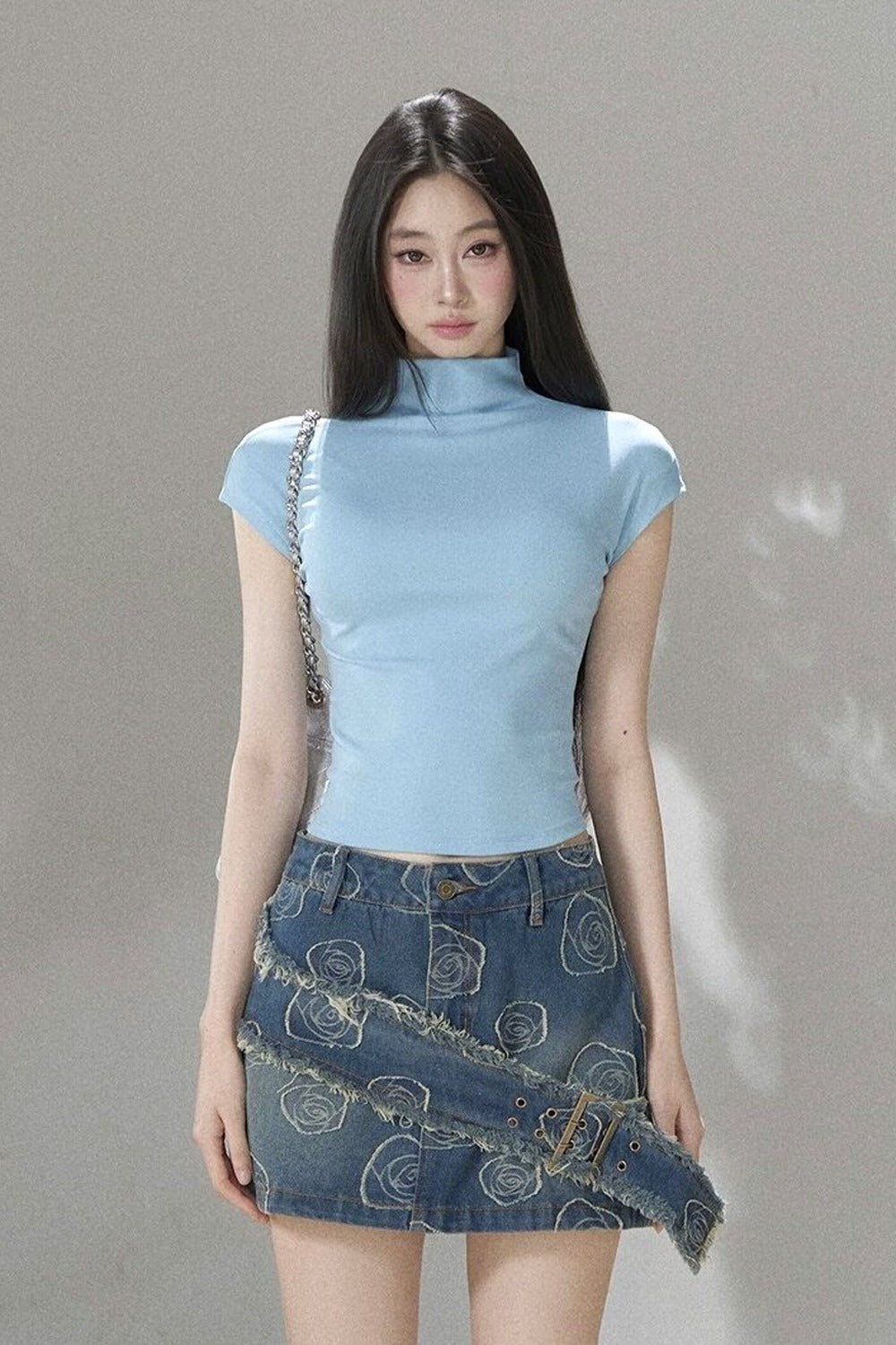 Angled Sleeve Half-Turtleneck Back Cutout Tie Top