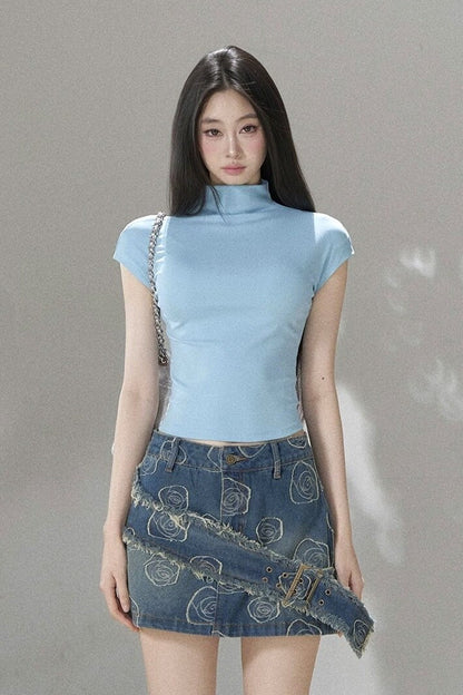 Angled Sleeve Half-Turtleneck Back Cutout Tie Top