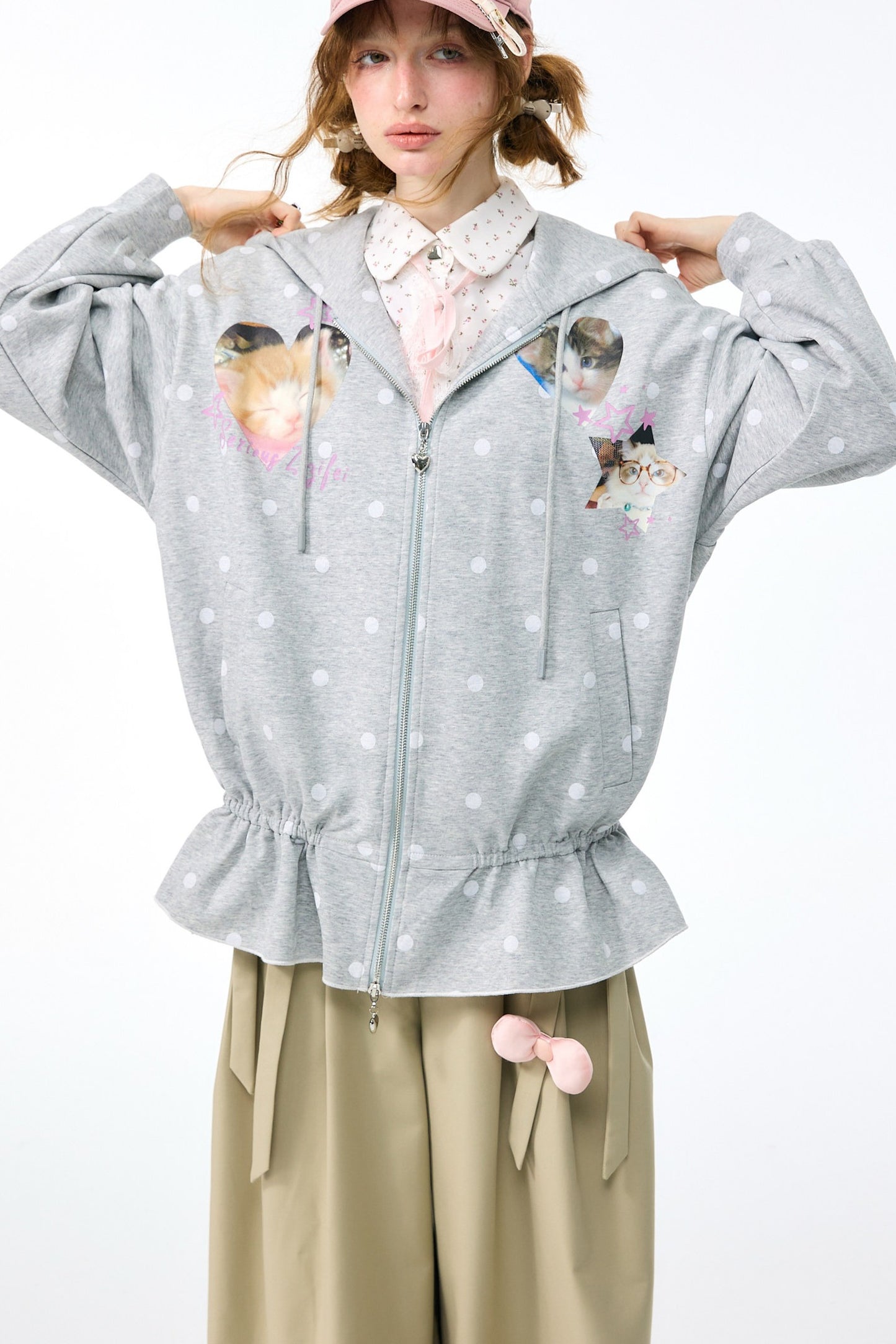 Cat Polka Dot Zipper Hooded Jacket