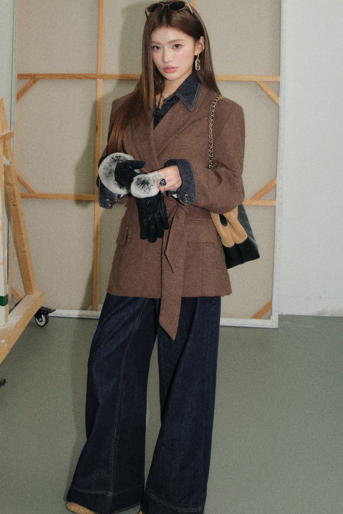 Coffee Lace-Up Woolen Linen Suit Jacket, Jeans and Top Set-Up