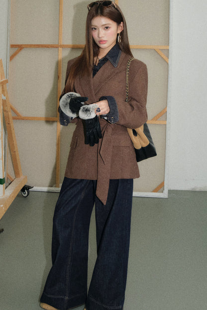 Coffee Lace-Up Woolen Linen Suit Jacket, Jeans and Top Set-Up