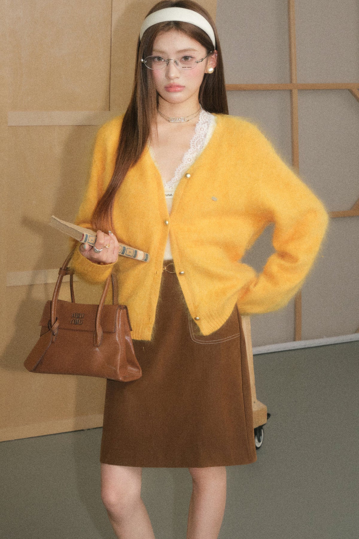 Brown A-Line Skirt Cardigan and Top Set-Up