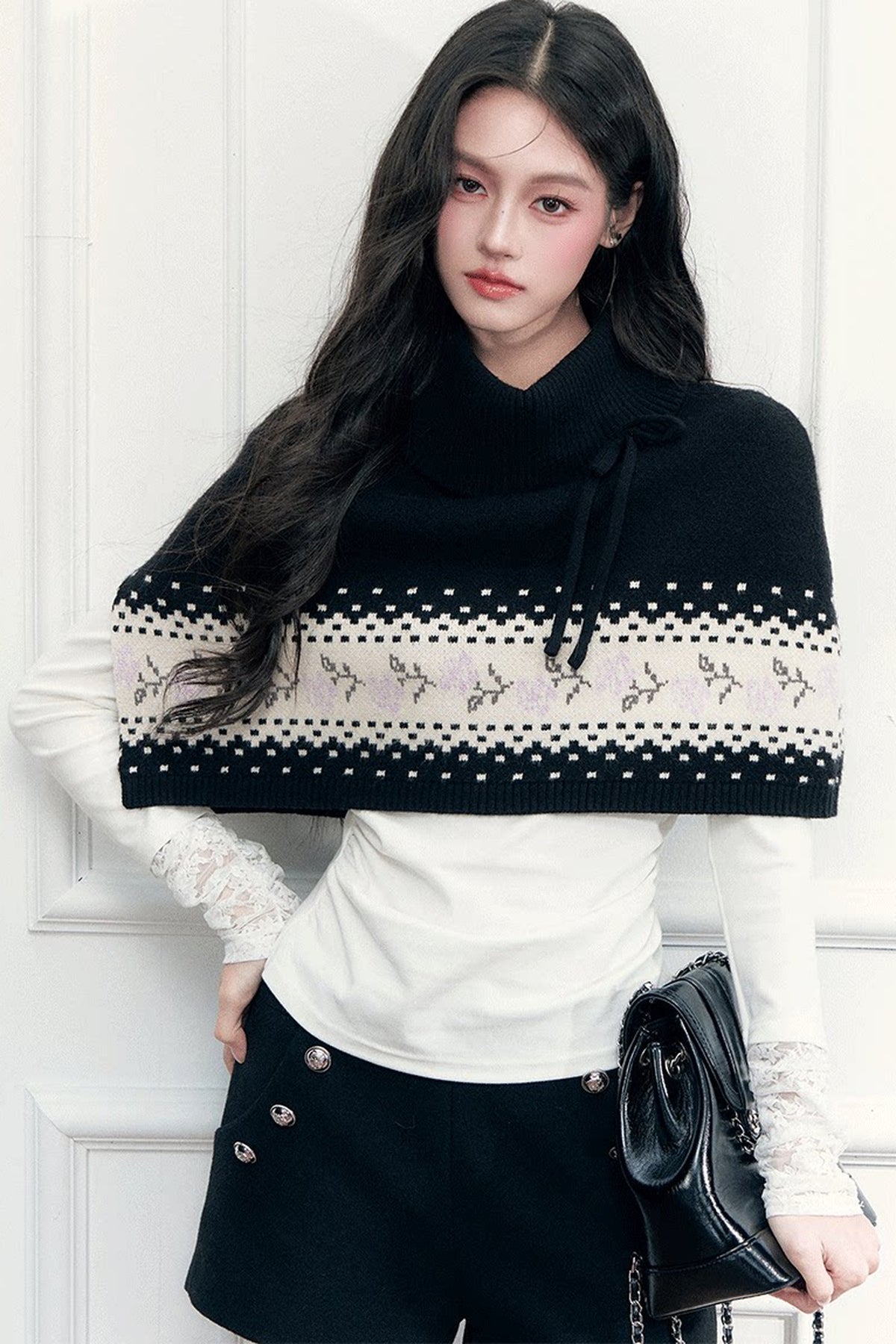 Fair Isle Tie Shawl Cape