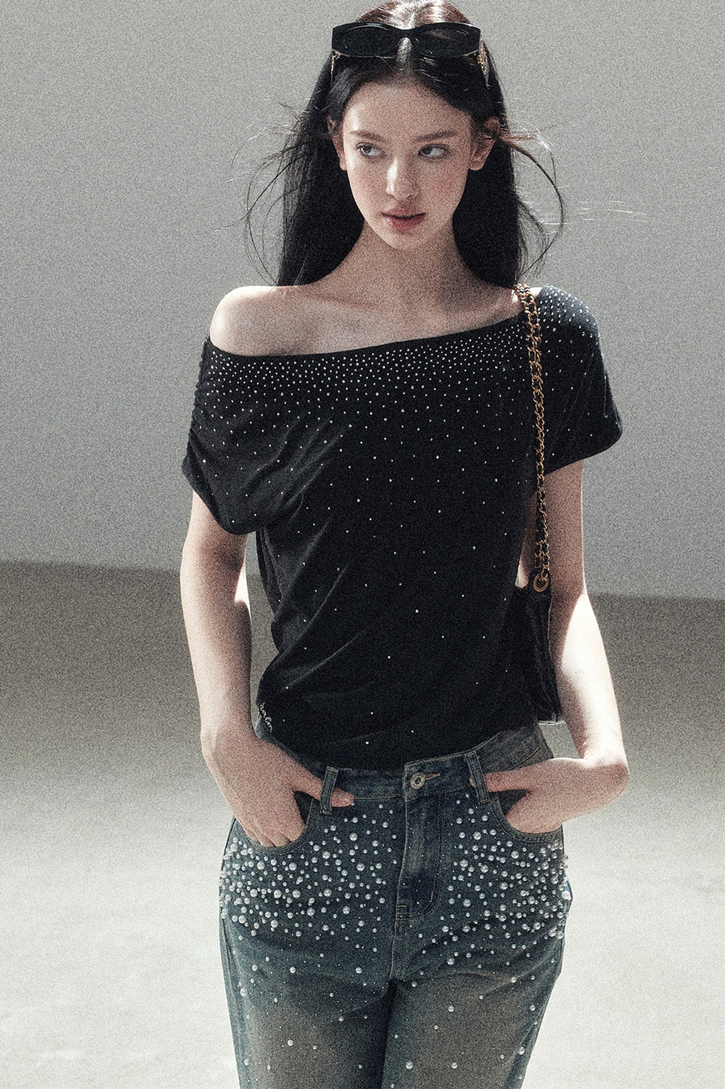 Rhinestone Slanted Shoulder Top