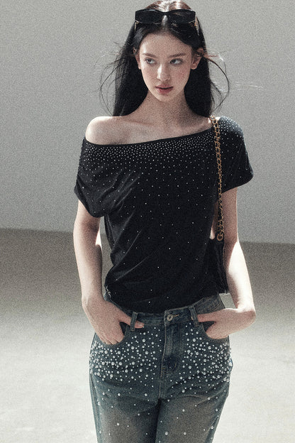 Rhinestone Slanted Shoulder Top