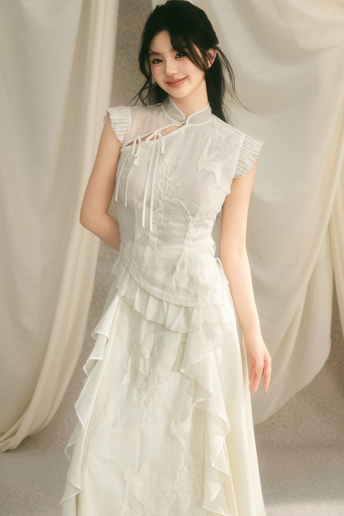 Embroidered Cheongsam Top and Ruffled Skirt Set-Up
