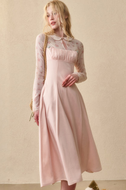 Peach Floral Satin Tencel Dress With Skirt Set-Up