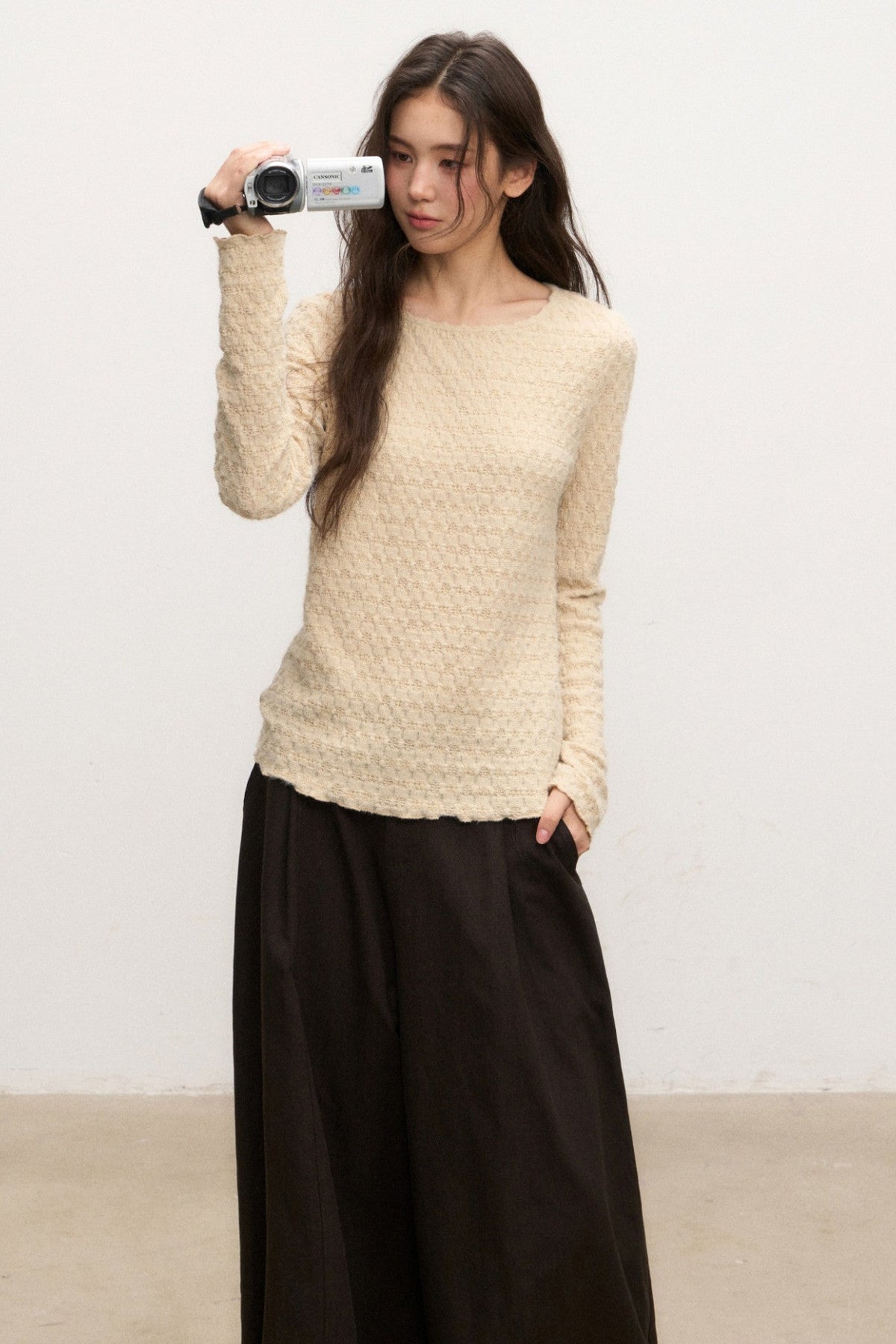 Textured Long Sleeve Knit Sweater With Pants and Skirt Set-Up