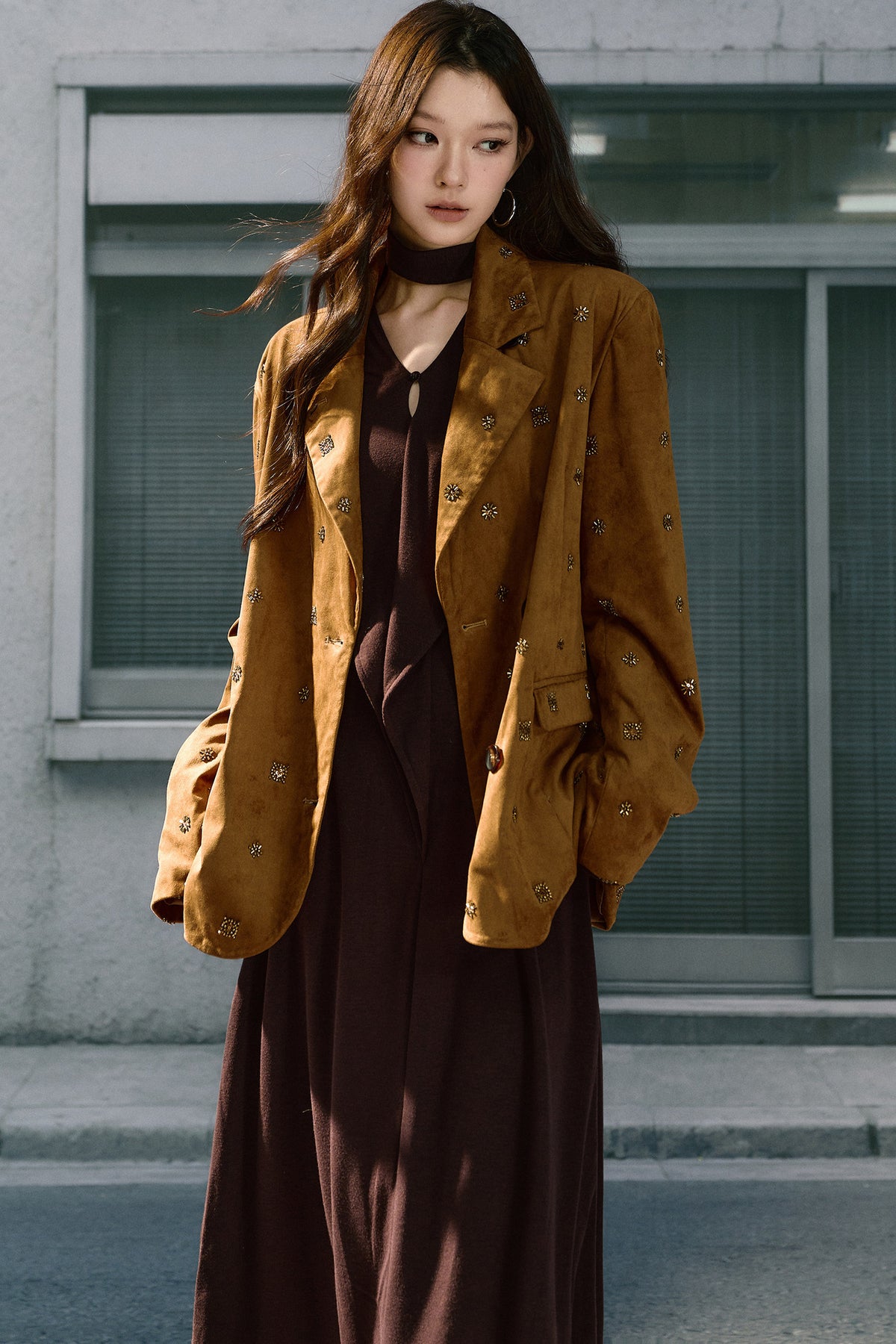 Beaded Suede Detachable Fur Collar Jacket