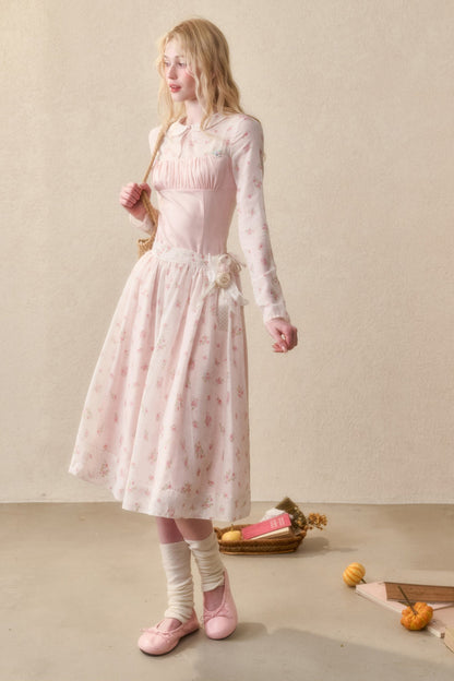 Peach Floral Satin Tencel Dress With Skirt Set-Up