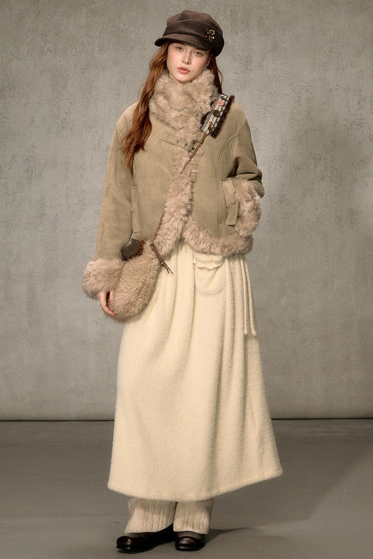 Oatmeal Chocolate Fur Trim Asymmetrical Jacket
