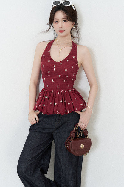 Red Halter Peplum Top