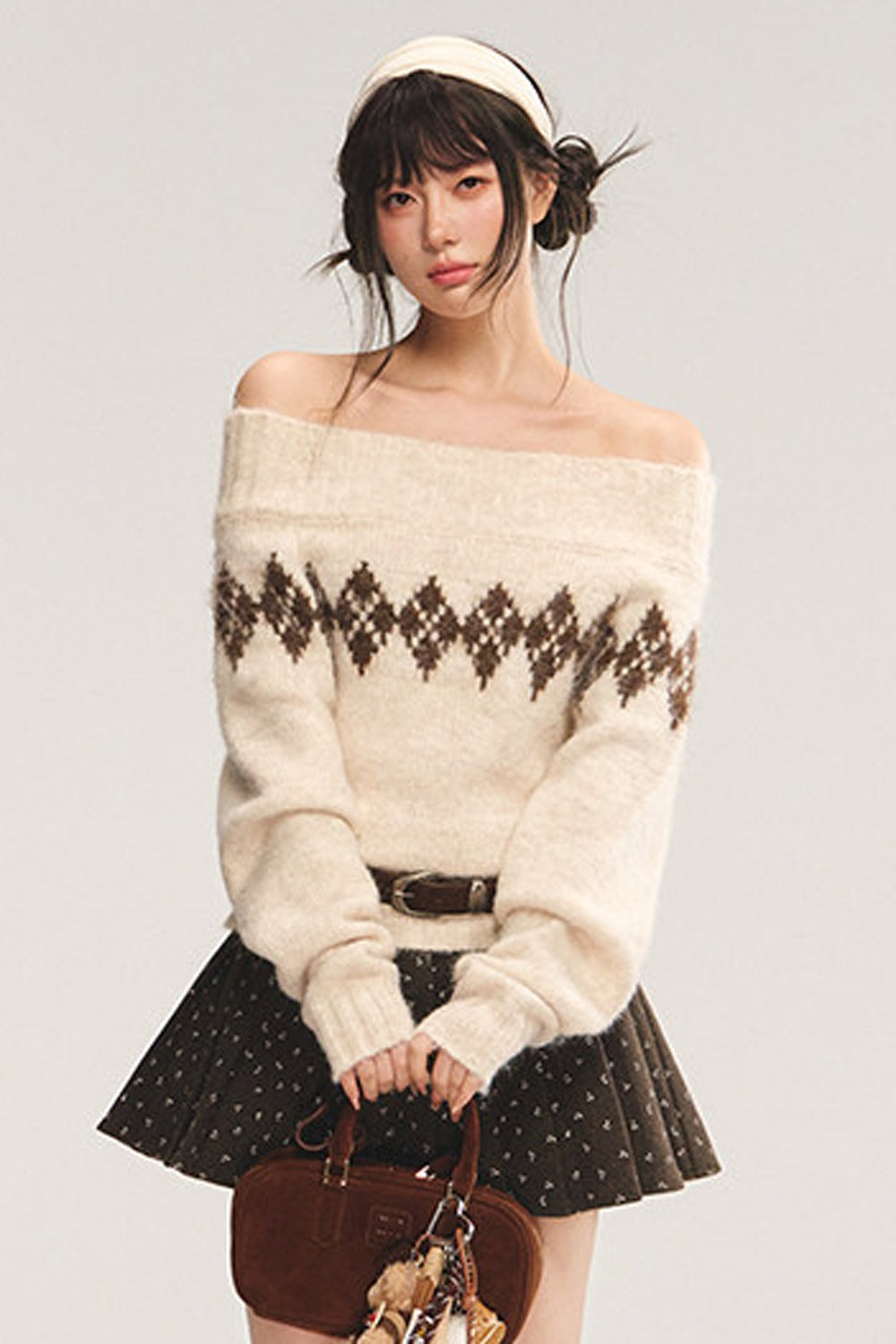 Off-Shoulder Diamond Sweater and Skirt Pullover Set-Up