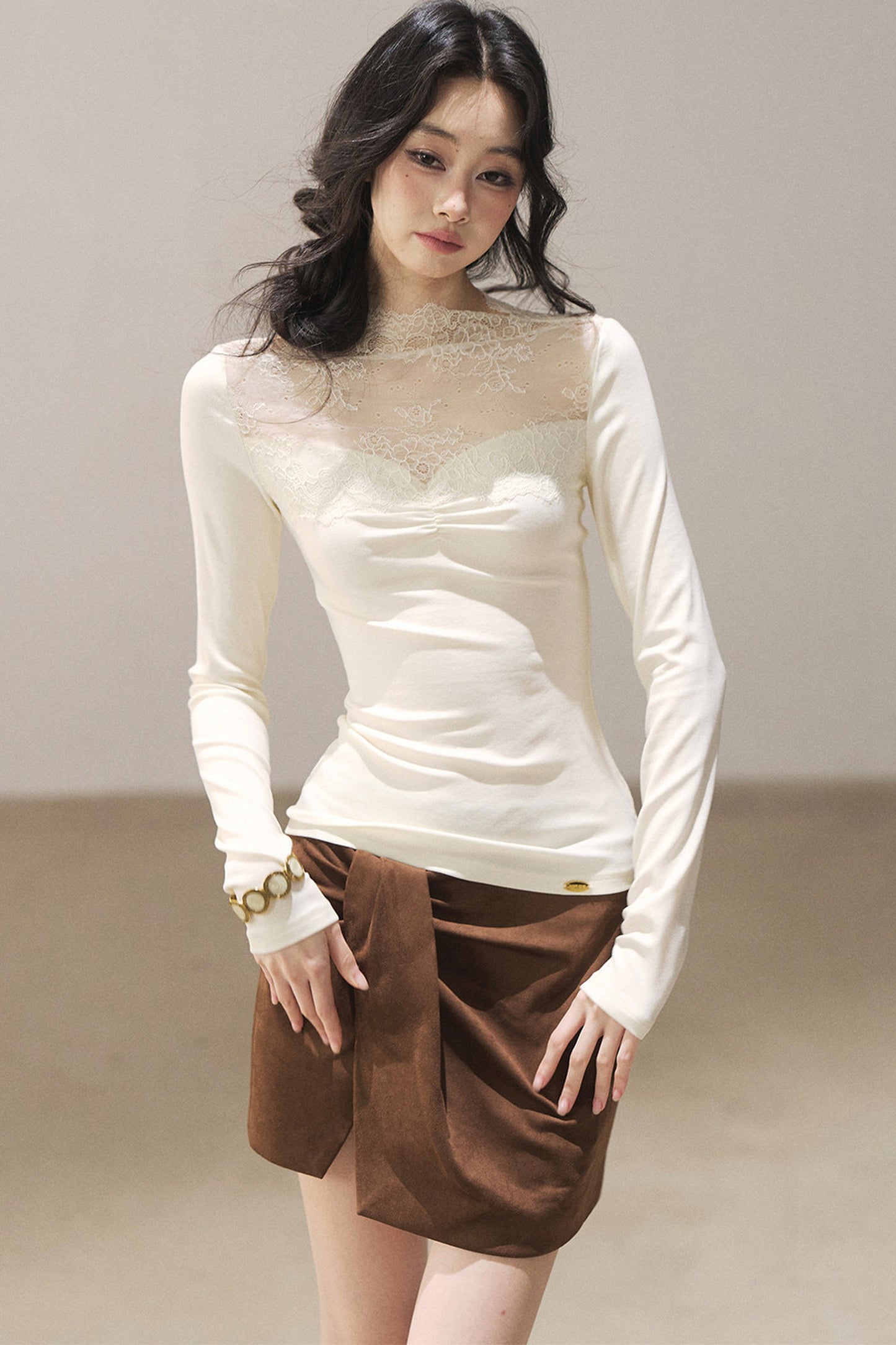 Long-Sleeved Lace Yoke Top