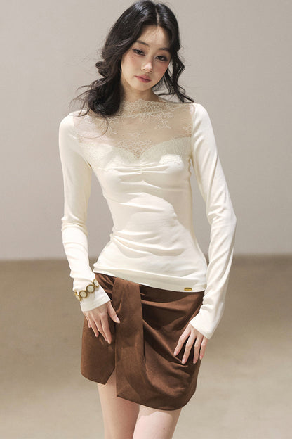 Long-Sleeved Lace Yoke Top
