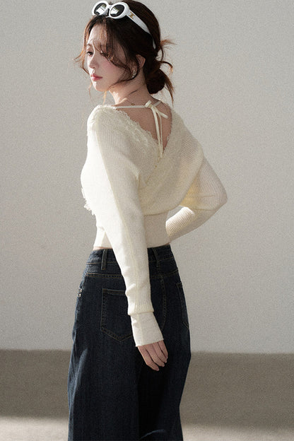 V-Neck Hollow Knit Top and Jeans Set-Up