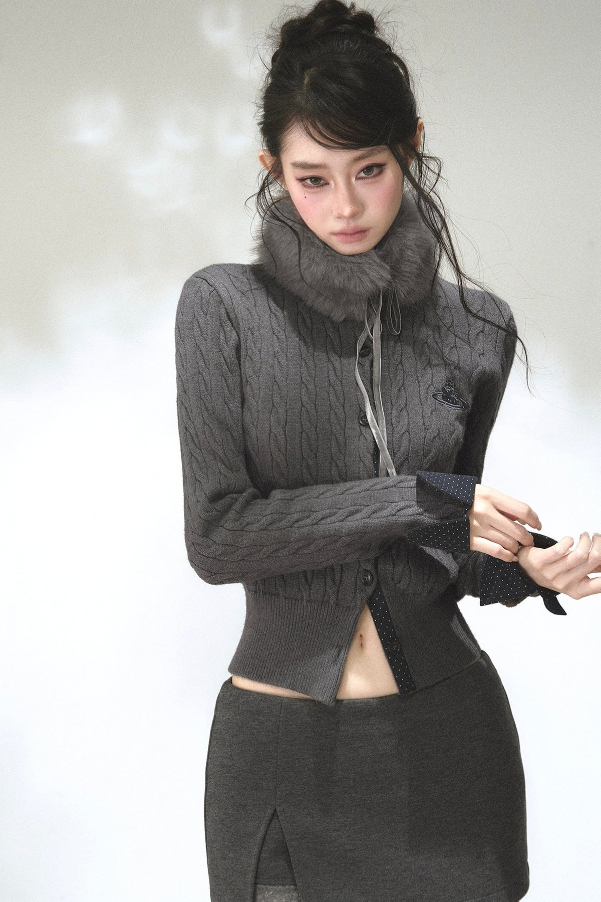 Color-Blocked Polka Dot Cable Knit Cardigan