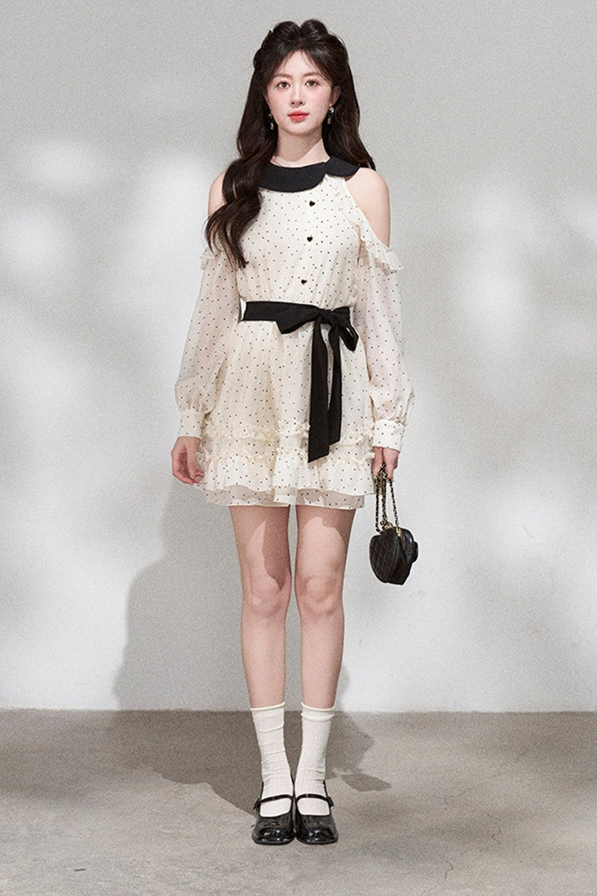 Off-Shoulder Polka Dot Chiffon Dress