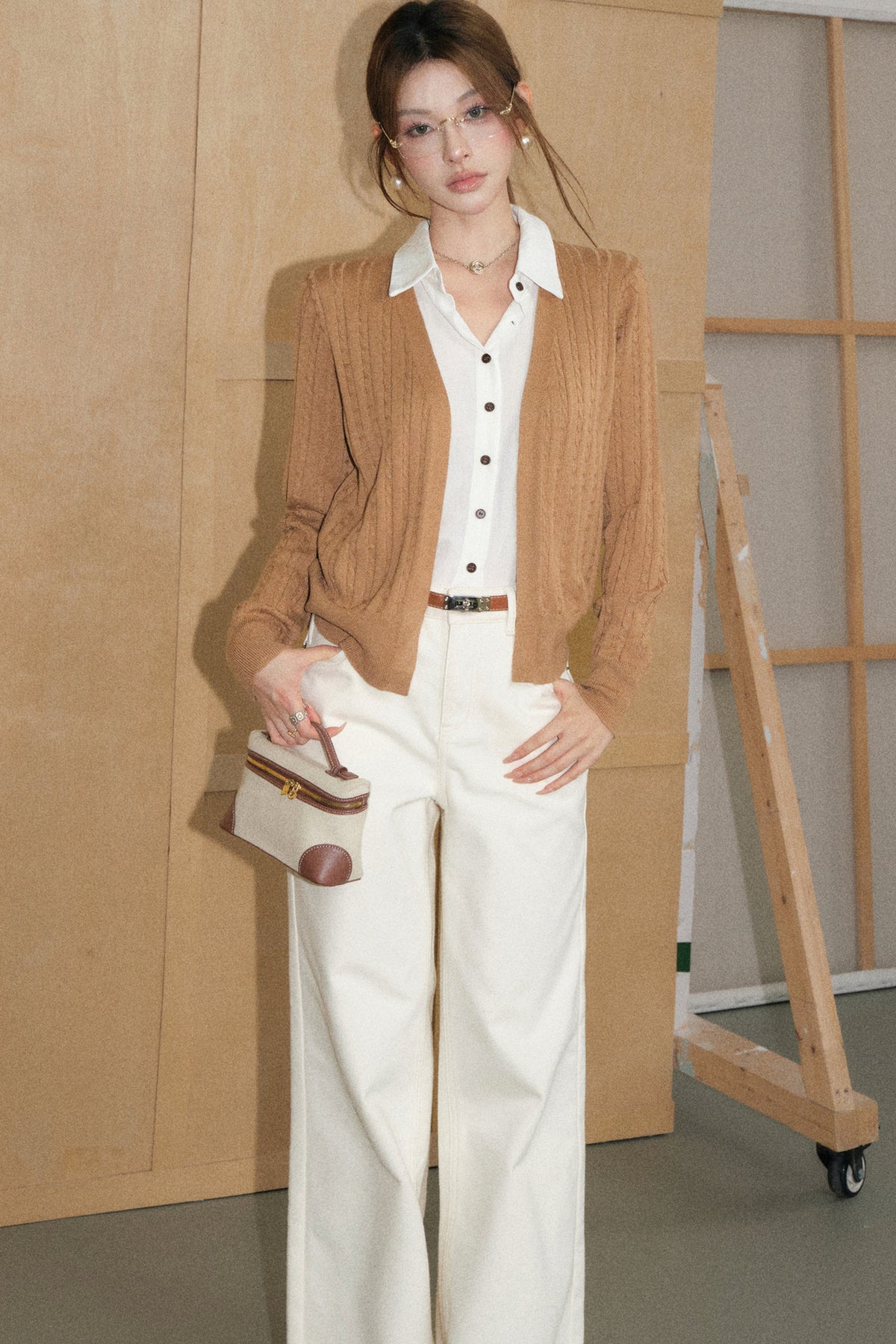 Khaki Layered-Look Cardigan and White Flared Jeans Set-Up