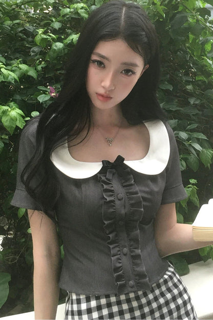 블랙 체크 러플 피터팬 칼라 셋업