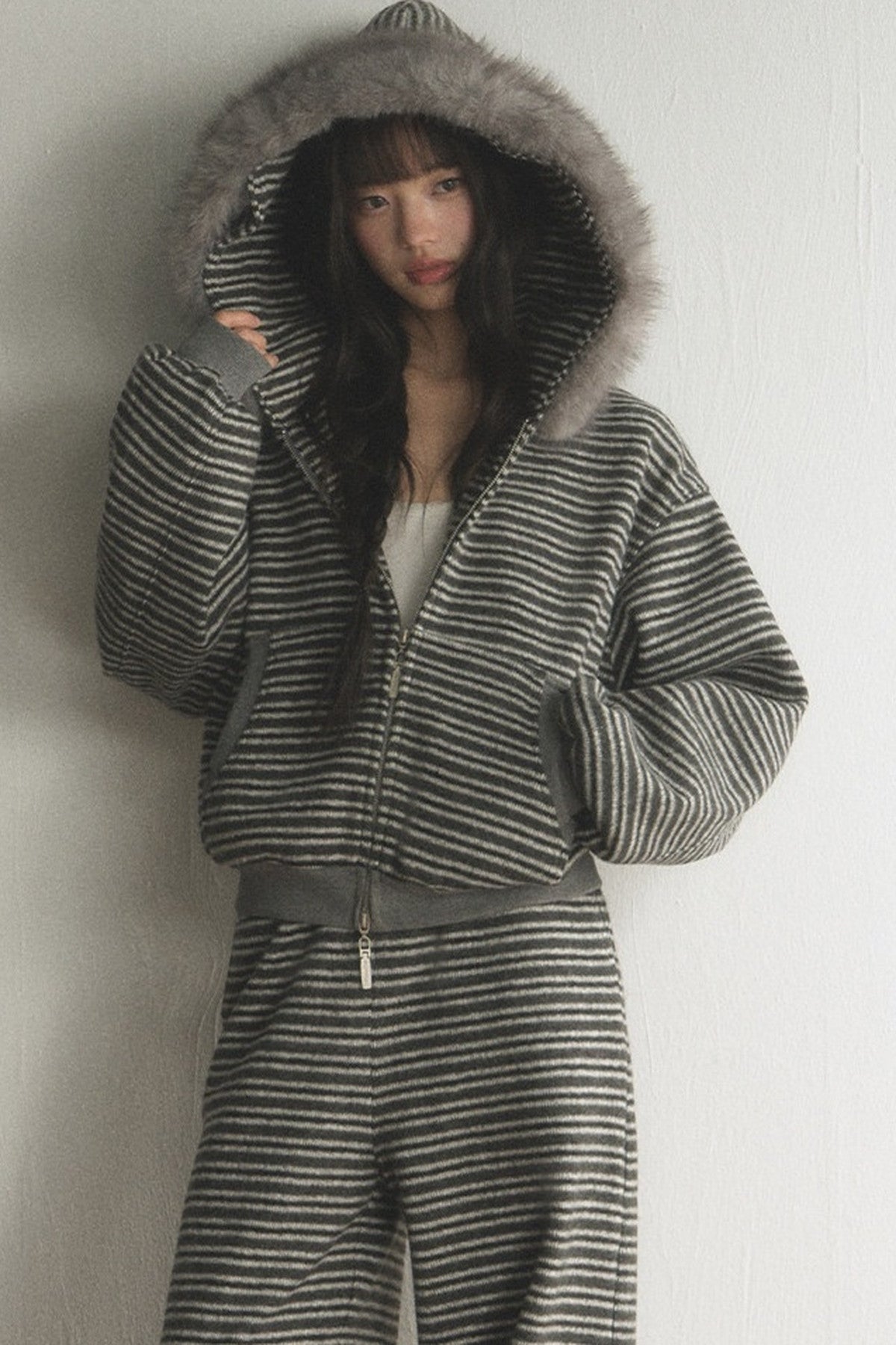Striped Fur Collar Hooded Top and Pants Set-Up