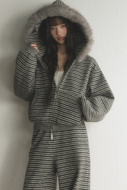 Striped Fur Collar Hooded Top and Pants Set-Up