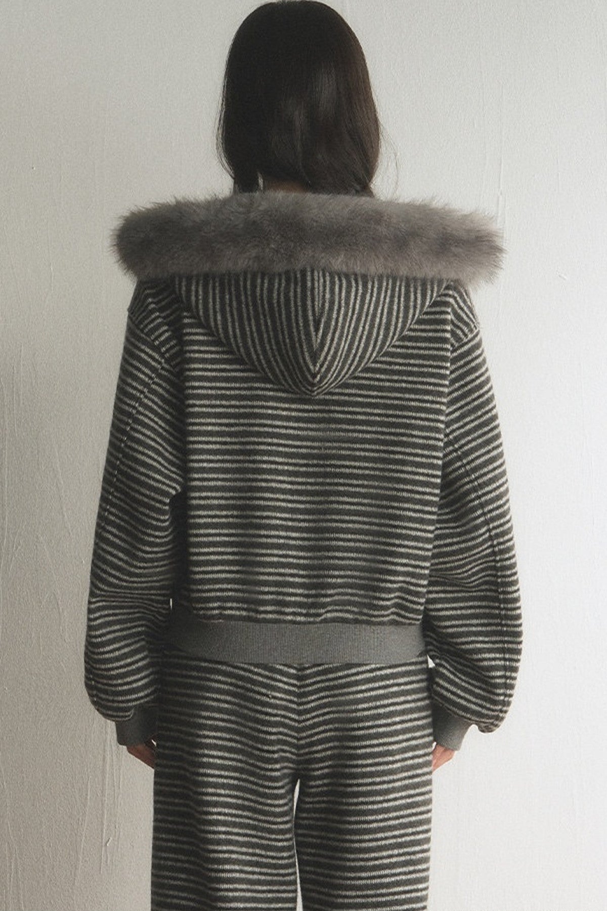 Striped Fur Collar Hooded Top and Pants Set-Up