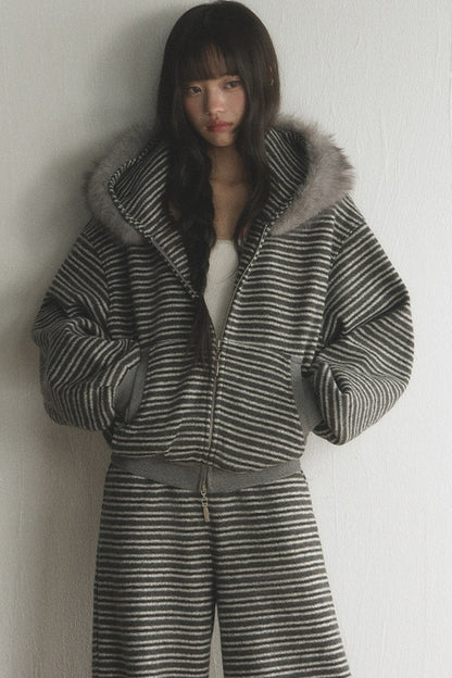 Striped Fur Collar Hooded Top and Pants Set-Up
